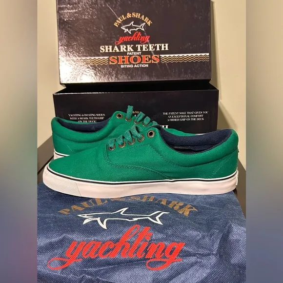 Paul &amp; Shark Yachting Rare Shark Teeth Green Canvas Yacht Boat Shoes 42 US9