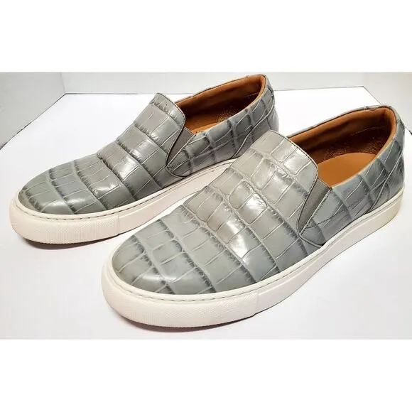 Paul Frederick Shoes 9 Slip On Grey Leather Croc Embossed Sneakers White Soles