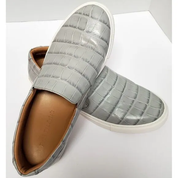 Paul Frederick Shoes 9 Slip On Grey Leather Croc Embossed Sneakers White Soles
