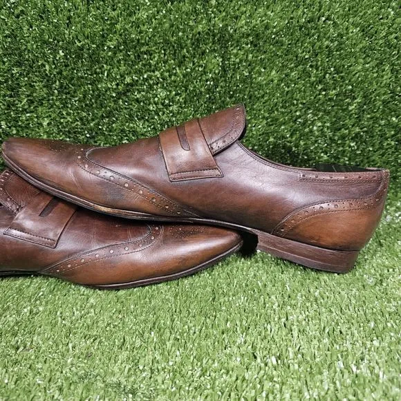 Paul Stuart Brown Leather Slip On Wing Tip Penny Loafers Italy‎ Mens Size 11