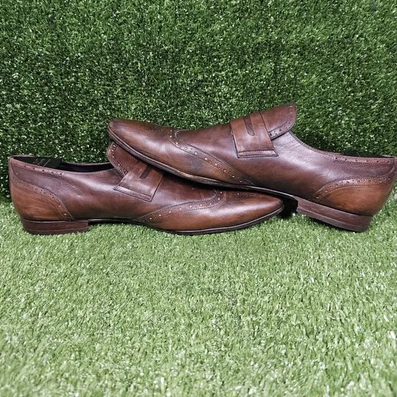 Paul Stuart Brown Leather Slip On Wing Tip Penny Loafers Italy‎ Mens Size 11