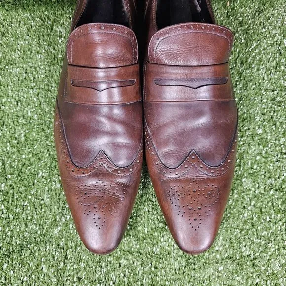 Paul Stuart Brown Leather Slip On Wing Tip Penny Loafers Italy‎ Mens Size 11