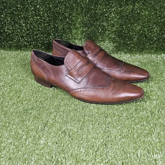 Paul Stuart Brown Leather Slip On Wing Tip Penny Loafers Italy‎ Mens Size 11