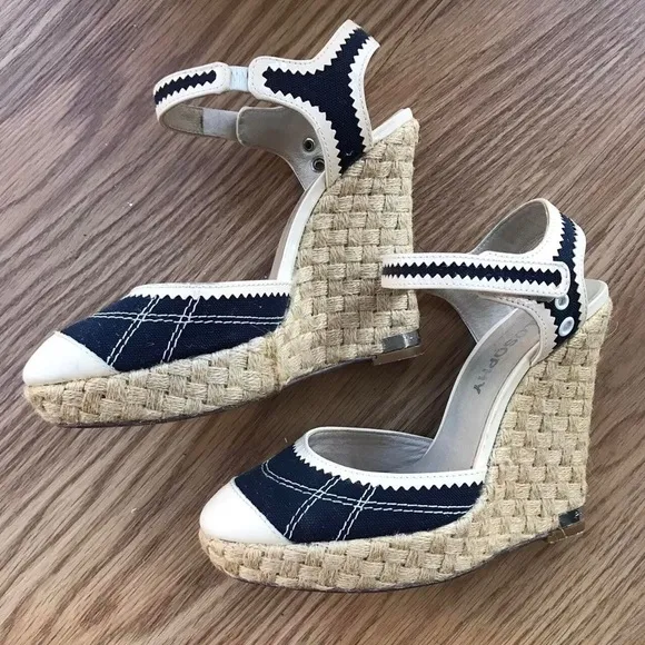 philosophy di alberta ferretti. navy and cream color .leather and canvas upper