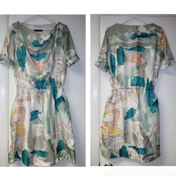 Piazza Sempione Silk Watercolor Italian Monuments Print Drawstring Dress Size S