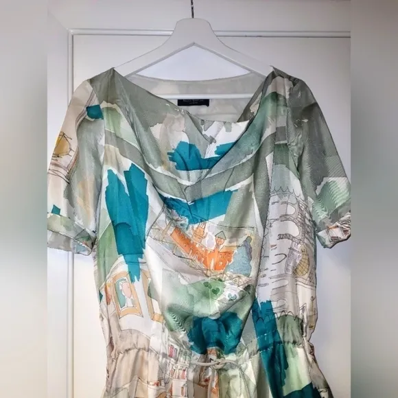 Piazza Sempione Silk Watercolor Italian Monuments Print Drawstring Dress Size S