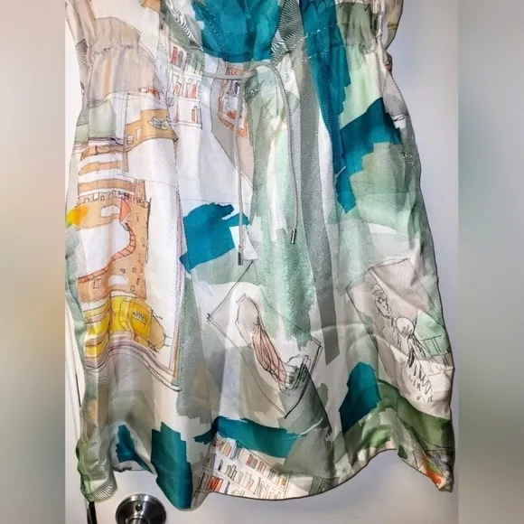 Piazza Sempione Silk Watercolor Italian Monuments Print Drawstring Dress Size S