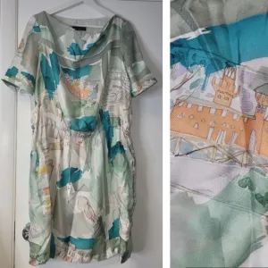 Piazza Sempione Silk Watercolor Italian Monuments Print Drawstring Dress Size S