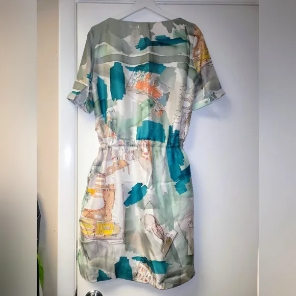 Piazza Sempione Silk Watercolor Italian Monuments Print Drawstring Dress Size S