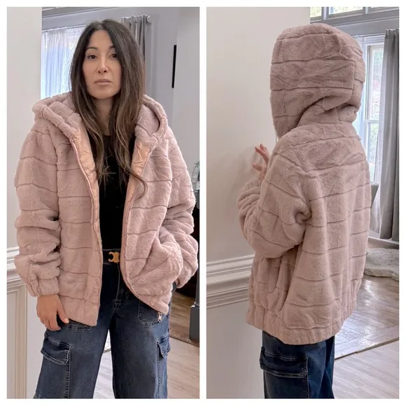 Pink Fabulous Hooded Faux Fur Jacket with Side Pockets
