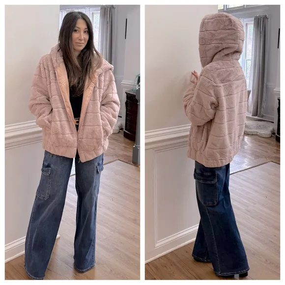 Pink Fabulous Hooded Faux Fur Jacket with Side Pockets