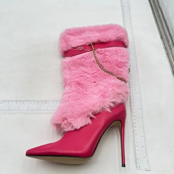 Pink Fluffy Boots for Women Knee High Wide Calf with Heel Fluffy Snow Boots Pink