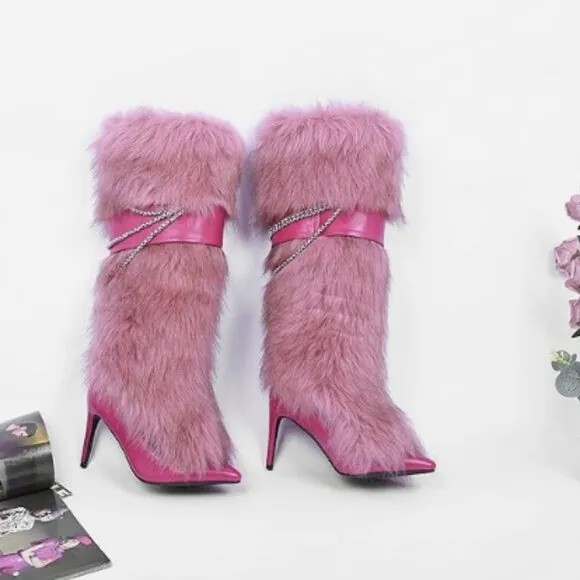 Pink Fluffy Boots for Women Knee High Wide Calf with Heel Fluffy Snow Boots Pink