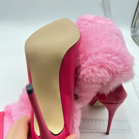 Pink Fluffy Boots for Women Knee High Wide Calf with Heel Fluffy Snow Boots Pink