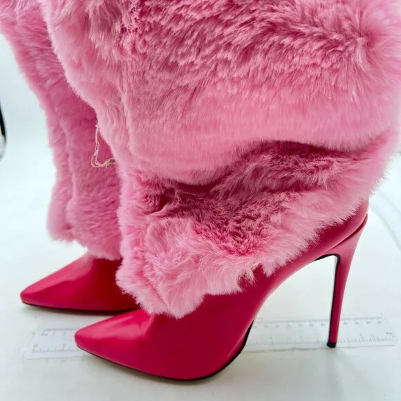 Pink Fluffy Boots for Women Knee High Wide Calf with Heel Fluffy Snow Boots Pink