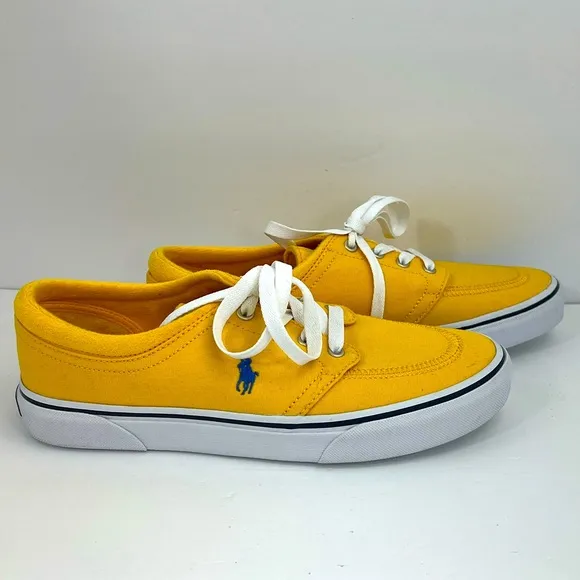 POLO RALPH LAUREN BRIGHT YELLOW CANVAS TENNIS SHOES, SIZE MEN’S US 8.5, EUR 41.5