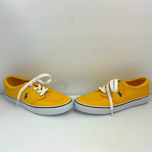 POLO RALPH LAUREN BRIGHT YELLOW CANVAS TENNIS SHOES, SIZE MEN’S US 8.5, EUR 41.5