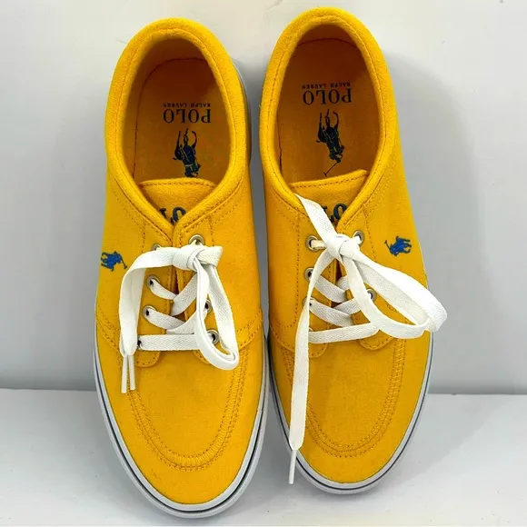 POLO RALPH LAUREN BRIGHT YELLOW CANVAS TENNIS SHOES, SIZE MEN’S US 8.5, EUR 41.5