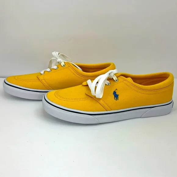 POLO RALPH LAUREN BRIGHT YELLOW CANVAS TENNIS SHOES, SIZE MEN’S US 8.5, EUR 41.5