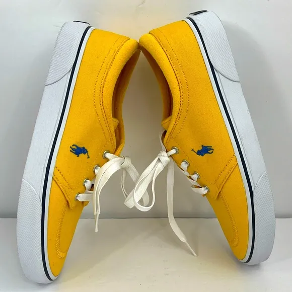 POLO RALPH LAUREN BRIGHT YELLOW CANVAS TENNIS SHOES, SIZE MEN’S US 8.5, EUR 41.5