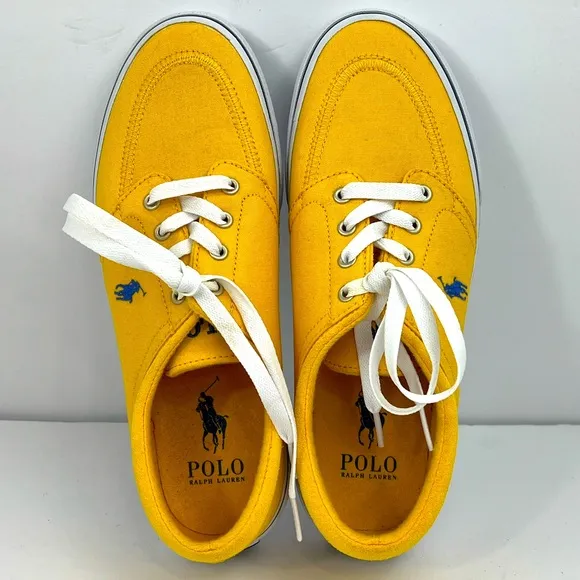 POLO RALPH LAUREN BRIGHT YELLOW CANVAS TENNIS SHOES, SIZE MEN’S US 8.5, EUR 41.5