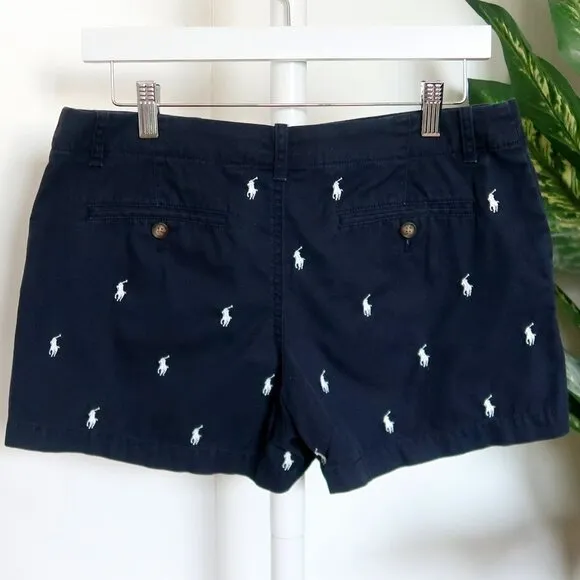 Polo Ralph Lauren Navy &amp; White Pony Embroidery Cotton Summer Chino Shorts Size 4
