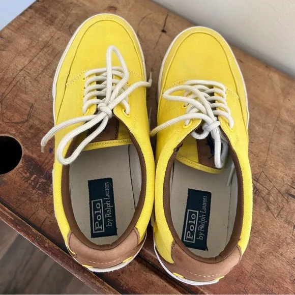 Polo Ralph Lauren yellow canvas leather vance side lace shoes mens sz 11