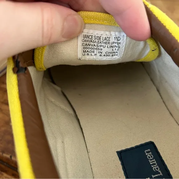 Polo Ralph Lauren yellow canvas leather vance side lace shoes mens sz 11