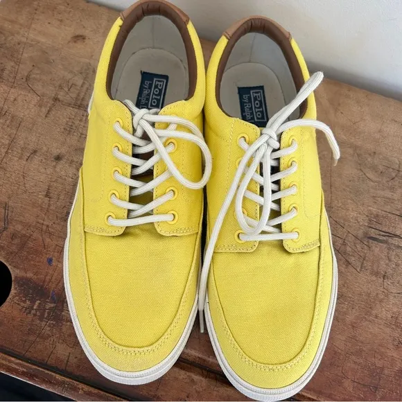 Polo Ralph Lauren yellow canvas leather vance side lace shoes mens sz 11