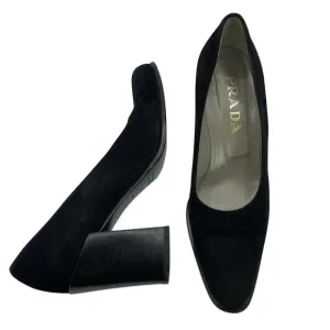 Prada Size 6.5 Suede High Heels Y2K Chunky Block Heel Slip On Shoes Black Staple
