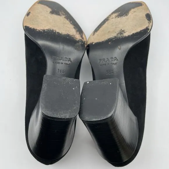 Prada Size 6.5 Suede High Heels Y2K Chunky Block Heel Slip On Shoes Black Staple