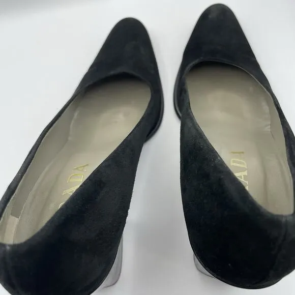Prada Size 6.5 Suede High Heels Y2K Chunky Block Heel Slip On Shoes Black Staple