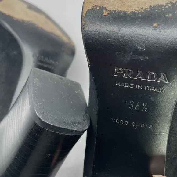Prada Size 6.5 Suede High Heels Y2K Chunky Block Heel Slip On Shoes Black Staple