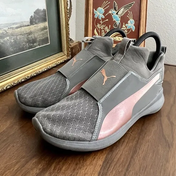 Puma Rebel Mid Rose Gold Women’s Sz 8 Charcoal Gray Pink Slip-on Round Toe