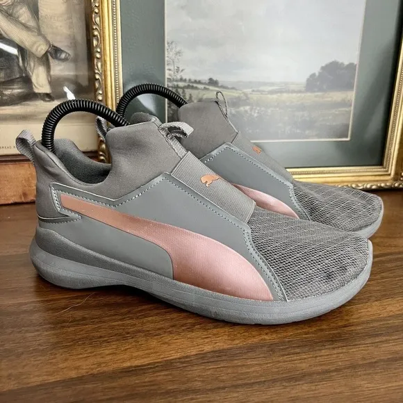 Puma Rebel Mid Rose Gold Women’s Sz 8 Charcoal Gray Pink Slip-on Round Toe