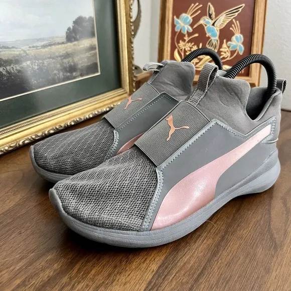 Puma Rebel Mid Rose Gold Women’s Sz 8 Charcoal Gray Pink Slip-on Round Toe
