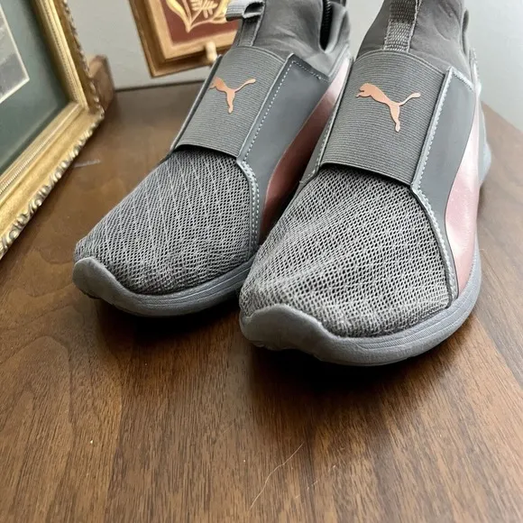 Puma Rebel Mid Rose Gold Women’s Sz 8 Charcoal Gray Pink Slip-on Round Toe