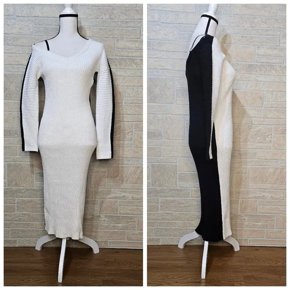 RAG &amp; BONE OFF ONE SHOULDER RIBBED V-NECK SWEATER DRESS MIDI