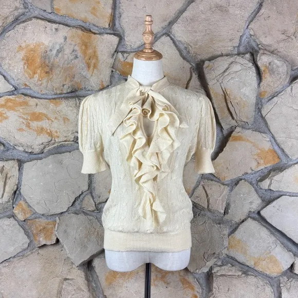 Ralph Lauren Blue Label Tie Neck Ruffled Sweater French White | M