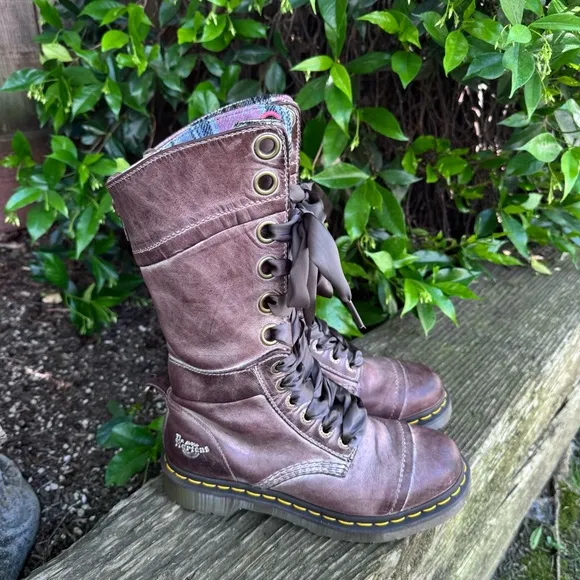 RARE Dr. Martens Triumph Brown Massai Plaid Tall Boots Size 7 US / 5 UK.