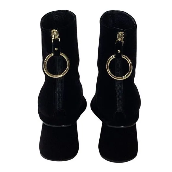 REIKE NEN Size 37.5 Velvet Ring Slim Boots Black Pointed Mid Heel Short Ankle