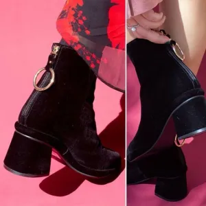 REIKE NEN Size 37.5 Velvet Ring Slim Boots Black Pointed Mid Heel Short Ankle
