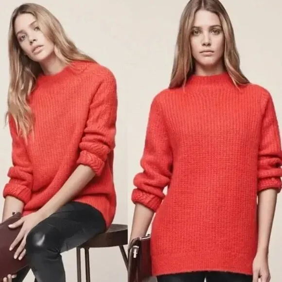 Reiss | Anabella lamb Wool Mohair Blend Crew neck Chunky knit Sweater Orange