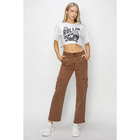 RISEN High Rise Waist Cargo Pockets Zipper Fly Ankle Denim Jeans | Espresso