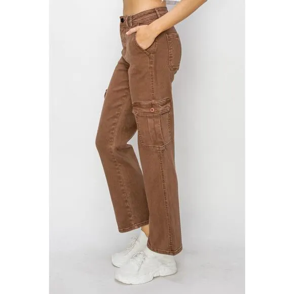 RISEN High Rise Waist Cargo Pockets Zipper Fly Ankle Denim Jeans | Espresso