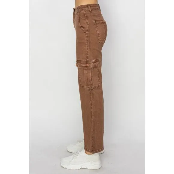 RISEN High Rise Waist Cargo Pockets Zipper Fly Ankle Denim Jeans | Espresso