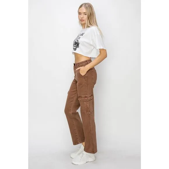 RISEN High Rise Waist Cargo Pockets Zipper Fly Ankle Denim Jeans | Espresso