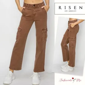 RISEN High Rise Waist Cargo Pockets Zipper Fly Ankle Denim Jeans | Espresso