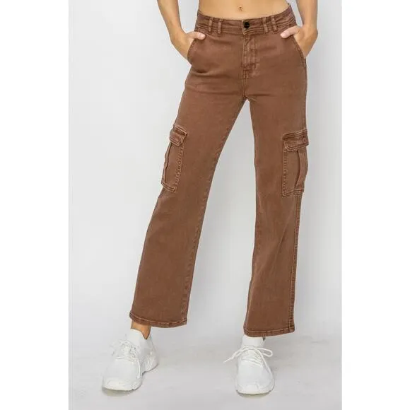 RISEN High Rise Waist Cargo Pockets Zipper Fly Ankle Denim Jeans | Espresso