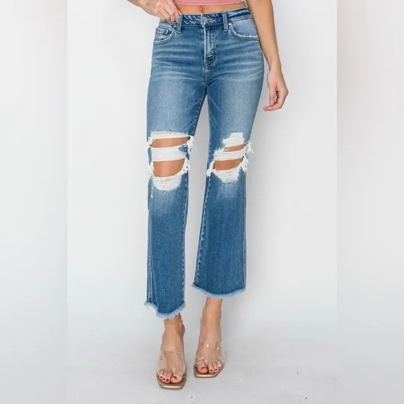 RISEN Mid Rise Distressed Cropped Flare Jeans